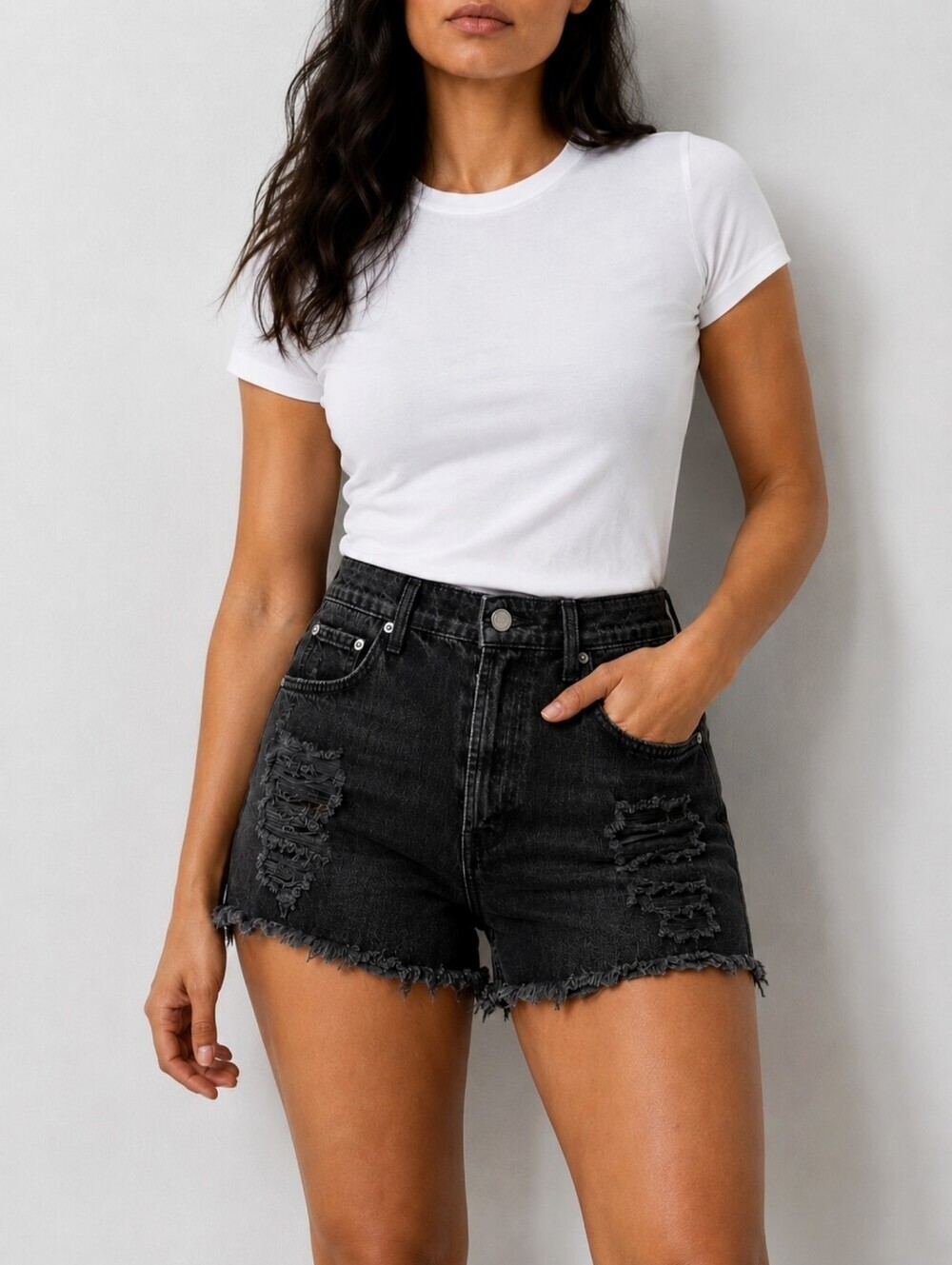 AGOLDE Jaden High Rise Cut Off Shorts 32 Black Distressed Button Fly